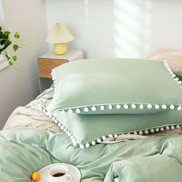 Move Over Sage Green Pillowcases King, Boho Pillow Cover Set of 2, Washed Microfiber White Pom Fringe Pattern, 2 Pack