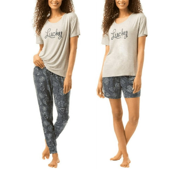 Lucky Brand Women's 3 Piece Pajama Set, Tee, Short and Pant Size: M, Color: Navy Paisley