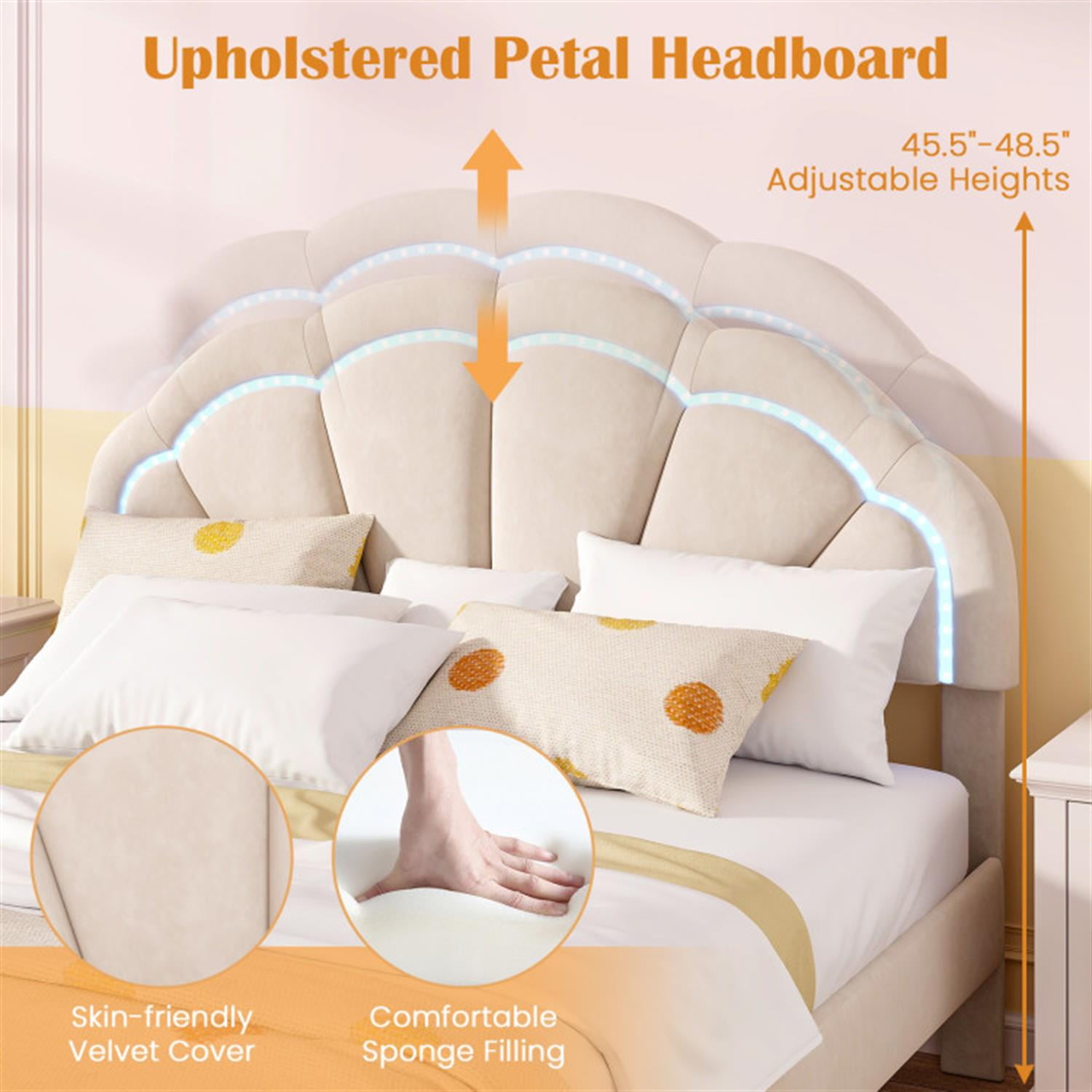 Demi Bonn Queen Size Upholstered LED Bed Frame with Adjustable Flower Headboard and Metal Support Feet, Platform Bed Frame with Wood Slats Support, No Box Spring Needed, Beige