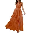 thumbnail image 2 of RYRJJ Tiered Tulle Prom Dress for Women Elegant Evening Maxi Dresses Halter V-Neck Formal Party Ball Gowns with Slit(Orange,XL), 2 of 9