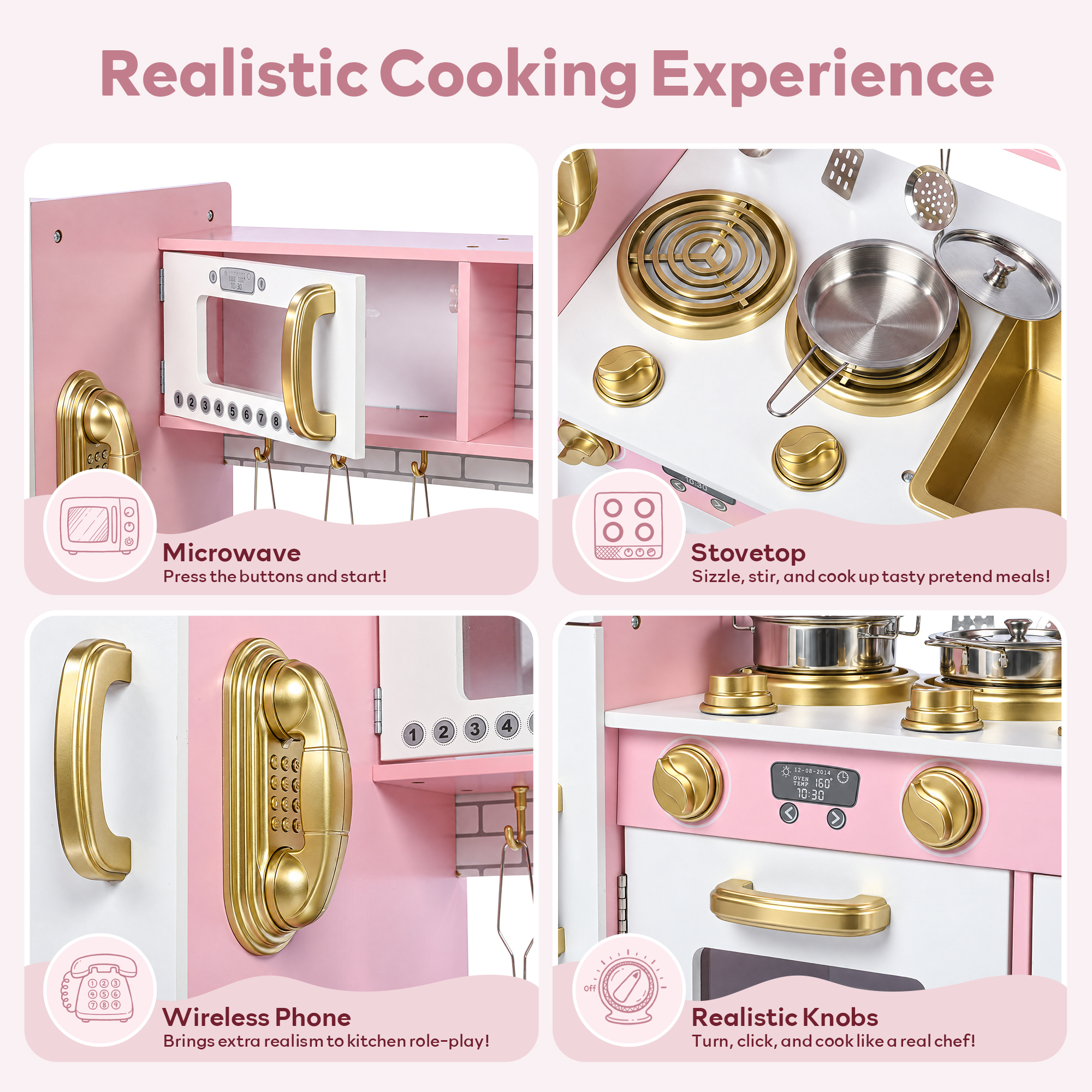 AILEEKISS Wooden Kids Play Kitchen Set - Gold Pink photo 5