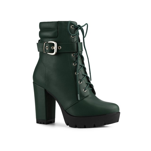 BLISSFUL STEP Women's Platform Buckle Lace Up Block Heel Ankle Boot Dark Green (Size 6)