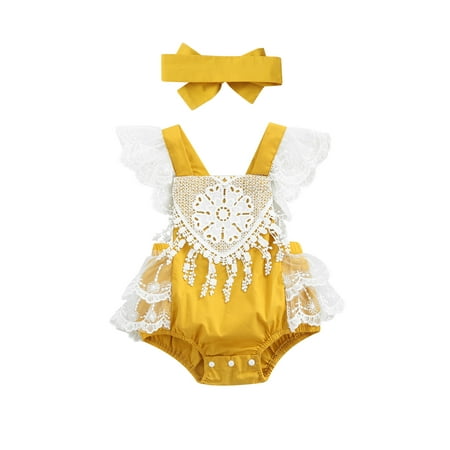 

Yinyinxull Infant Baby Girls Playsuit Flower Lace Tassels Ruffle Fly Sleeve Romper+Headband Summer 2Pcs Yellow 0-3 Months