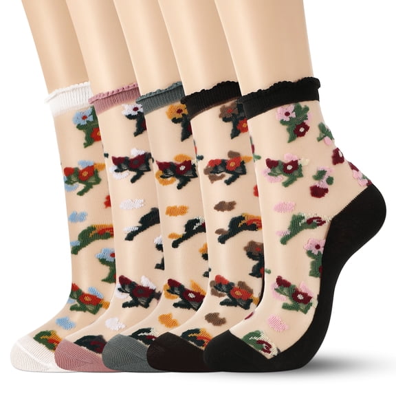 Bocaoying 5 Pairs Womens Sheer Socks, Vintage Flower Lace Nylon Socks, Transparent Silk Ruffle Socks, Summer Thin Mesh Crew Socks, Trouser Socks with Reinforced Toe (Fits US 6-9)