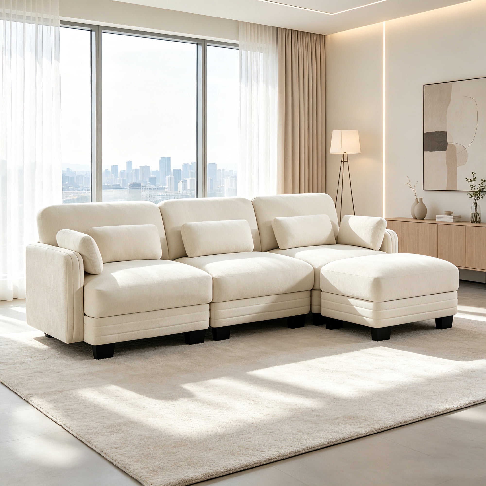 AUU Beige 3-Seat L-Shape Modern Minimalist Chenille Modular Sectional Sofa with Channel Tufted Backrest & Movable Ottoman – Thick Cushions for Living Room Bedroom or Apartment
