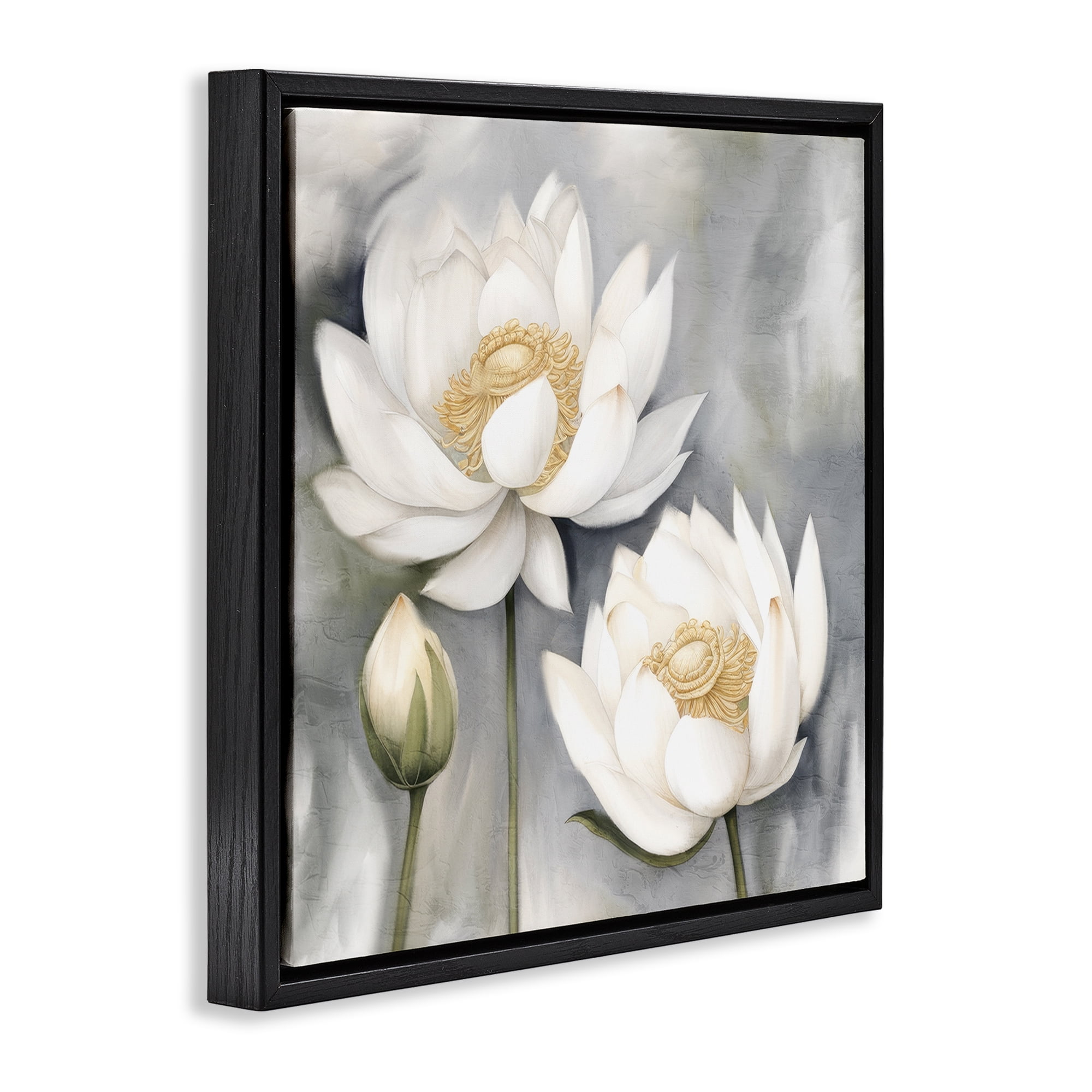 Stupell Industries White Lotuses on Grey Plants & Flowers Painting Black Floater Framed Canvas Art Print Wall Art, 18 x 18