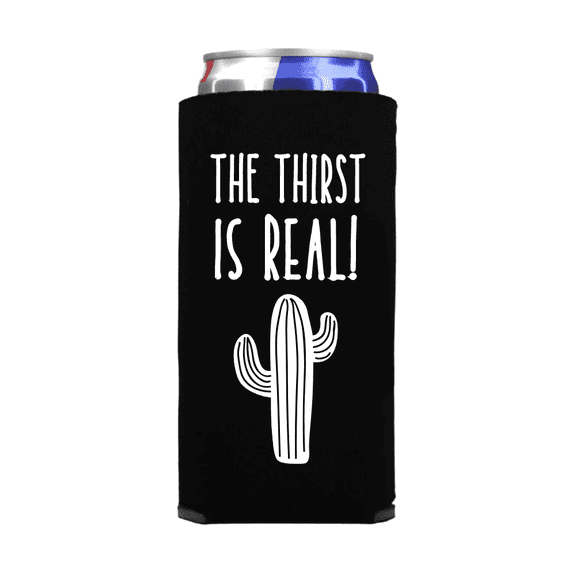 Funny Slim Can Cooler, The Thirst Is Real!, Funny Spiked Seltzer Drink Accessory Gift and Favor Ideas, Skinny Coolie, Beer Hugger (Black)