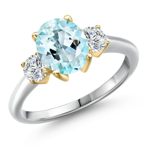 Gem Stone King 10K Two Tone Gold Sky Blue Topaz and Lab Grown Diamond Engagement Ring for Women | 2.54 Cttw | Oval 9X7MM | Gemstone November Birthstone | Size 6