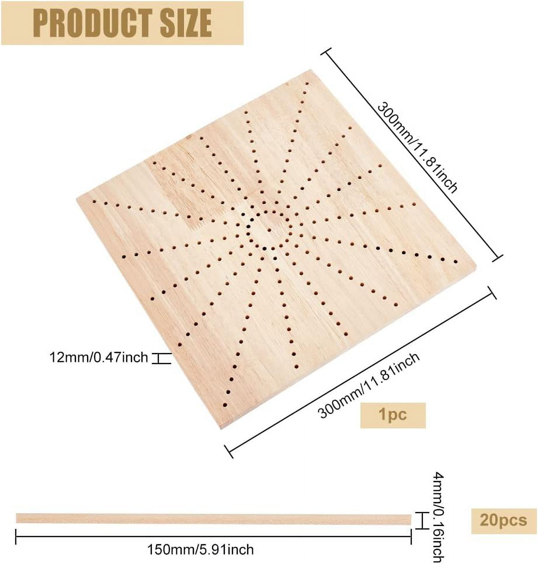 Handmade Wooden Blocking Board (11.8x11.8x0.47inch) with 20pcs 5.9x0.16inch Round Wooden Sticks and Sun Shaped Hole Square Knitting Loom for Knitting Crochet Beige