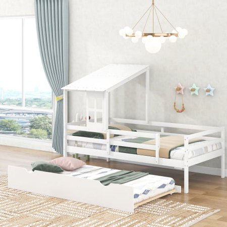Twin Size Loft House Bed with Trundle  Wooden Low Loft Bed Frame with Full-Length Guardrail & Roof & Window Design  Space-saving Multifuncational Playhouse Loft Bed for Kids Teens  White