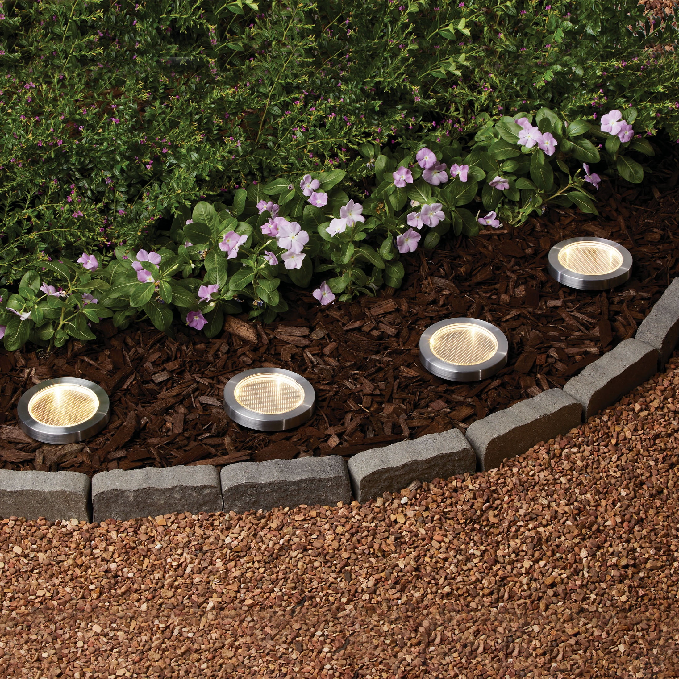 Mainstays Solar Powered Stainless Steel Landscape Disc Lights with Color Holding LED, 20 Lumens (4 Count)
