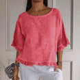 thumbnail image 2 of Women Summer Cotton Linen T Shirts Solid Cotton and Linen Ruffle Pleated Hem Tops Half Sleeve Round Neck Casual Shirt Comfortable Shirts, 2 of 5