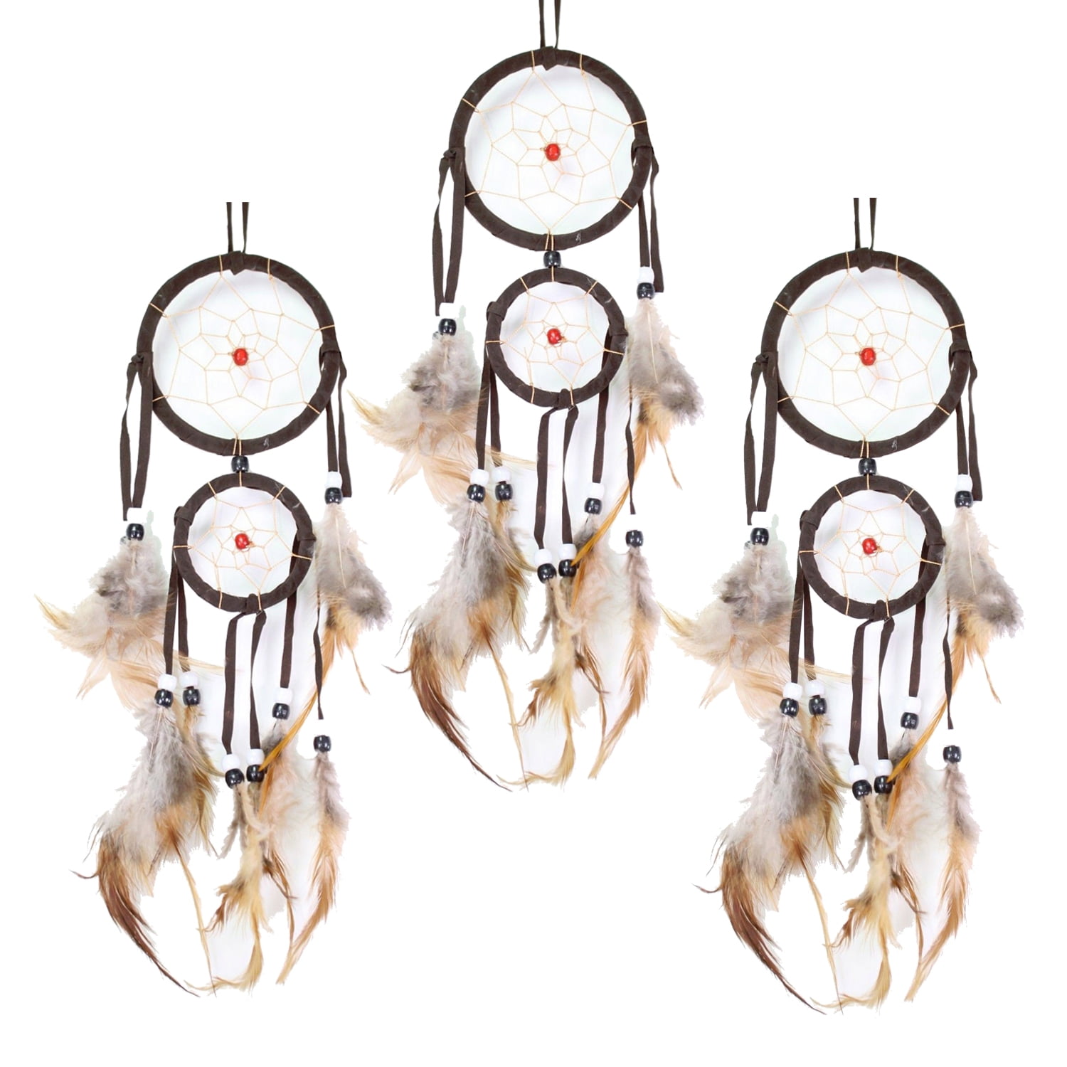 Set of 3 Handmade Brown Dream Catcher With Feathers Wall Hanging Decoration Ornament Gift New