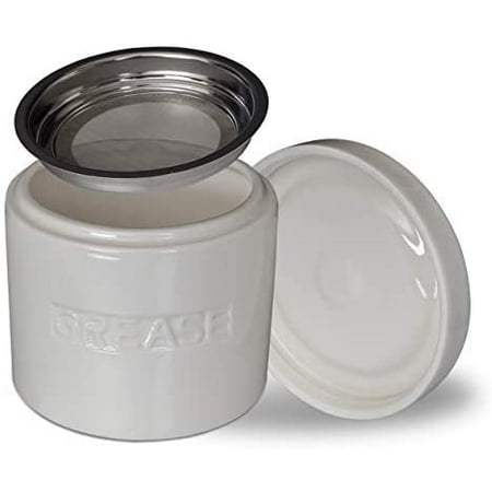 

Ceramic Grease Container Keeper with Metal Stainless Steel Strainer and Lip for Easy Pour (Ivory)