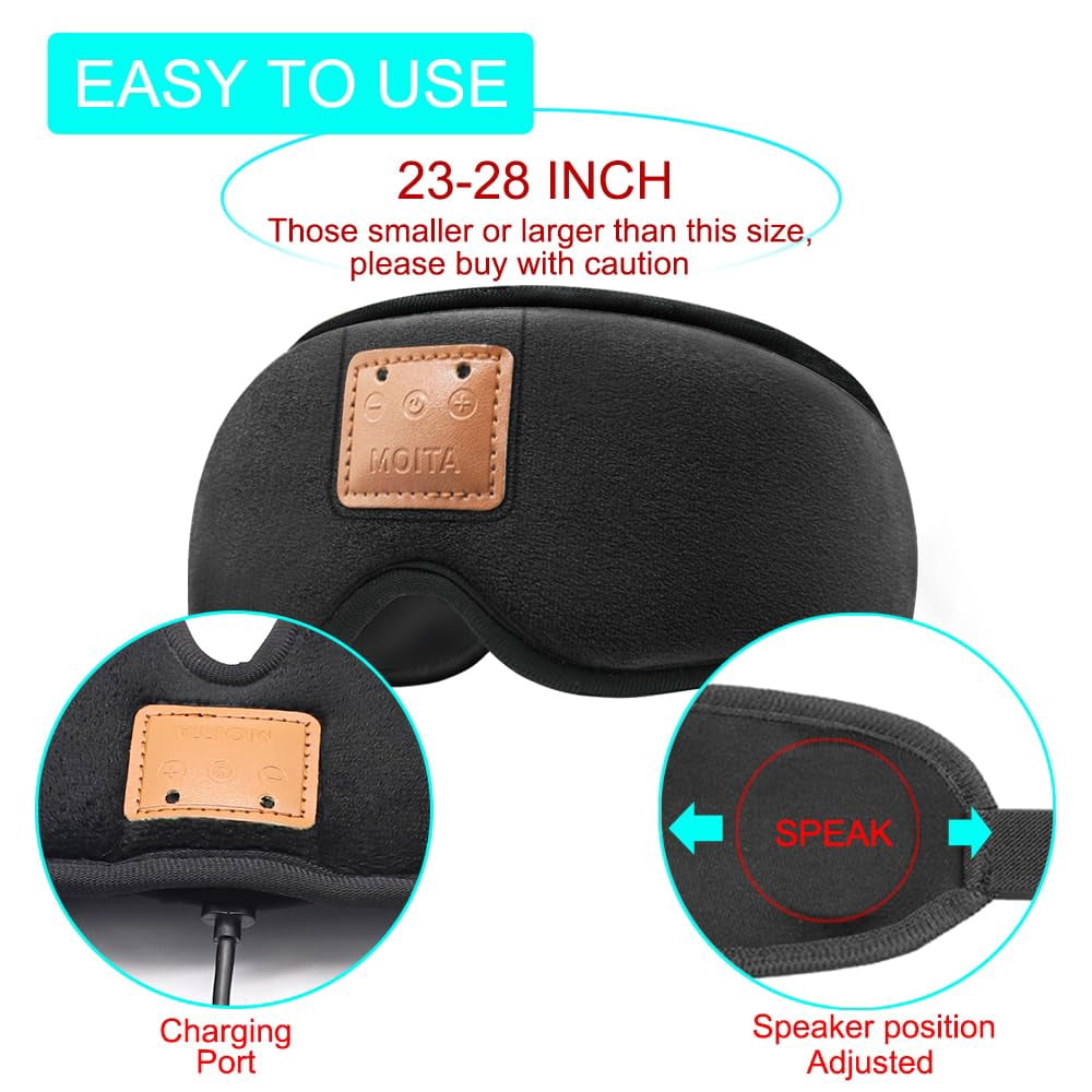 Sleep Headphones Bluetooth Sleep Mask, 3D Sleeping Eye Mask with Built-in Sponge Speakers, Wireless Bluetooth Headphones Sleep Mask for Sleeping, Napping, Travelling, Yoga, Meditation (Black)