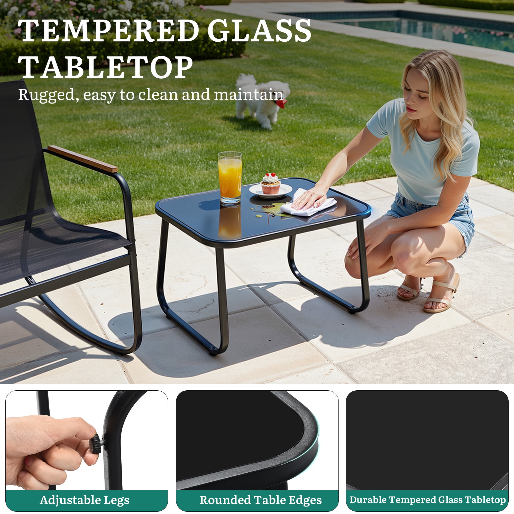 Uforic 4-Piece Outdoor Patio Furniture Set, Textilene Rocking Conversation Set with Loveseat & Glass Table, All Weather Bistro Furniture for Garden Lawn Balcony Poolside, Black