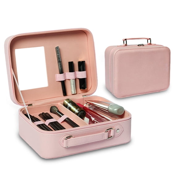 Yajisi Portable Travel Makeup Case with Mirror, Professional Waterproof PU Leather Cosmetic Train Bag Organizer for Brushes and Toiletries, Large Capacity Jewelry Storage Box, Pink (9.8in / 25cm)