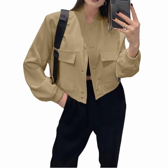 Women'S Cropped Varsity Jackets Long Sleeve Button Down Casual Coat with Pockets Outwear Khaki S