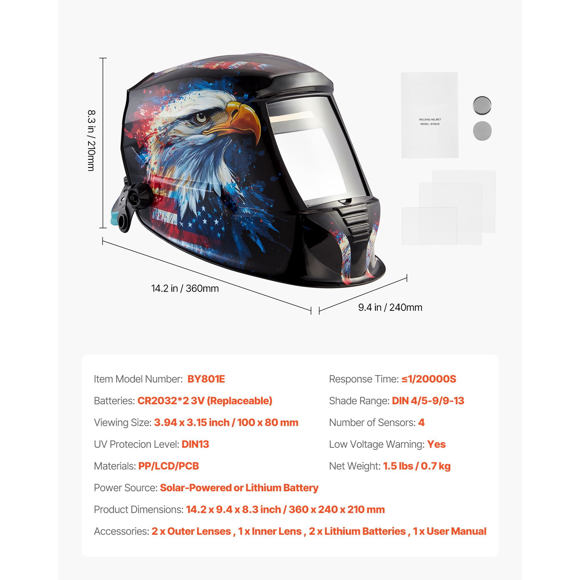 Auto Darkening Welding Helmet, 3.94x3.15 Inch Large True Color Screen, 4 Arc Sensors, 1/20000s Response, DIN 4/5-9/9-13 Adjustable, Solar Powered