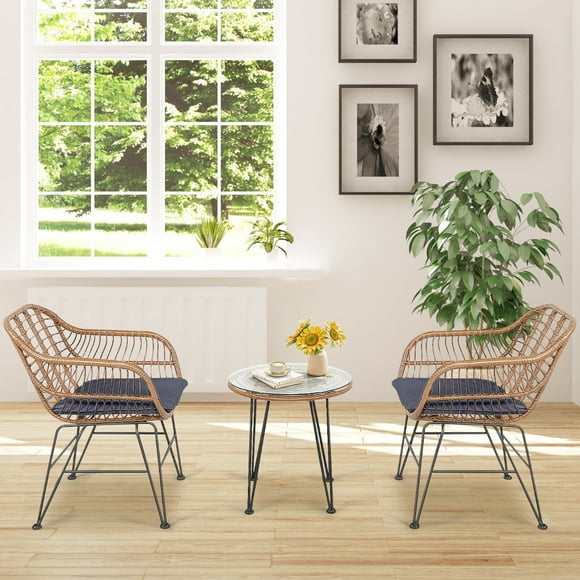 Costway Juego de 3 Piezas Muebles de Mimbre de Bistro de Conversación de Patio Mesa Redonda de Vidrio 2 Sillones Cojines para Jardín Piscina