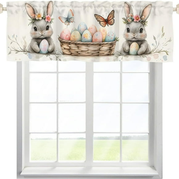 Uklsqma Easter Bunny Egg Valance Curtain | Polyester Kitchen Window Treatment | Multicolor Spring Rabbits Design | Washable Lightweight Drapery | Living Room Bathroom Bedroom Decor