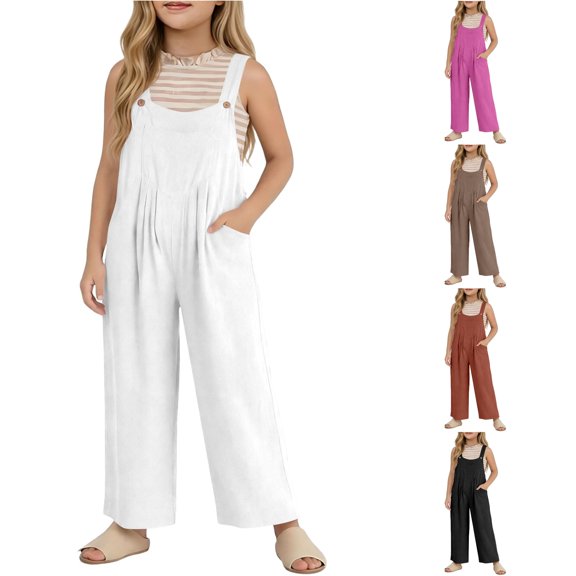 ZXLBBD Girls Summer Sleeveless Straight Leg Romper Loose Fit Jumpsuits with Pockets Solid Color Textured Jumpsuit Summer Dailywear,White,Size 7 Y-8 Y