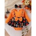 thumbnail image 2 of Cenuakty Baby Girls Halloween Romper Dress Long Sleeve Pumpkin Ghost Skull Print Romper with Bow Headband, 2 of 9