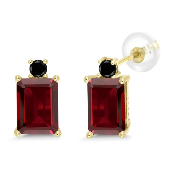 Gem Stone King 4.03 Ct Emerald Cut Red Garnet Black Diamond 10K Yellow Gold Earrings