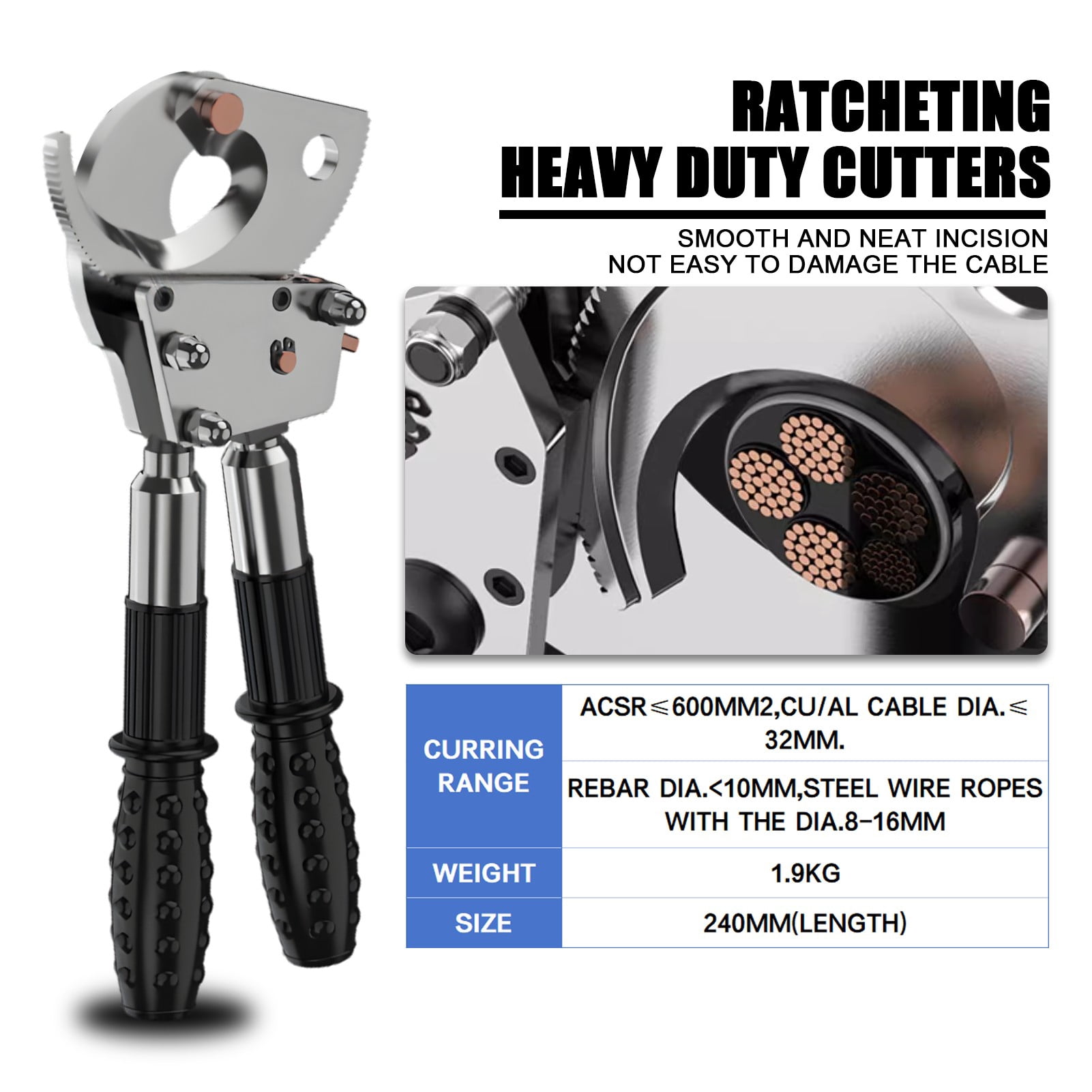 Ratcheting Heavy Duty Cutters, Armoured Cable Cutter Cutting Aluminum Copper Soft Wire up, Ideal for Cutting Large Armored Electrical Wires