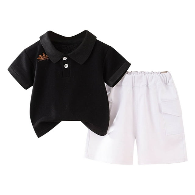 Odeerbi 1-7 Años Conjunto de Verano Para Niños Camiseta de Manga Corta Con Cuello Abotonado de Algodón Pantalones Cortos Conjunto de Dos Piezas