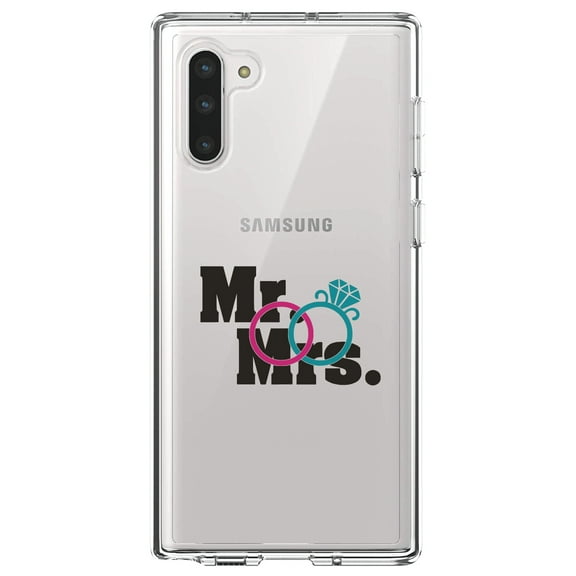 DistinctInk Clear Shockproof Hybrid Case for Samsung Galaxy Note 10 (6.3" Screen) - TPU Bumper Acrylic Back Tempered Glass Screen Protector - Mr. & Mrs. Wedding Rings