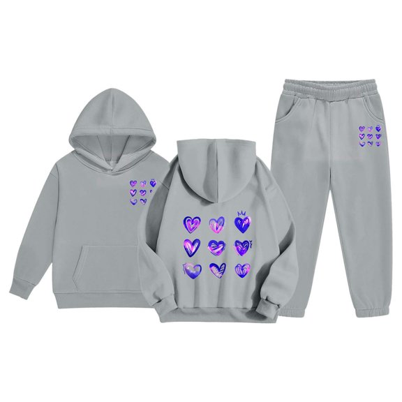 Bobifish Big Girls Outfit Sets Gradient Heart Hoodie Set Black Fleece Hoodie And Jogger Pants With Shiny Heart Elastic Waist Casual Kids Outfit Sets