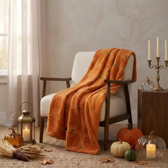 27 × 39 inch Fall Thanksgiving Pumpkin Throw Blanket, 3D Plush Jacquard Fuzzy Fleece Small Lap Blanket for Couch Chair Sofa, Soft Warm Cozy Halloween Gift Home Decor