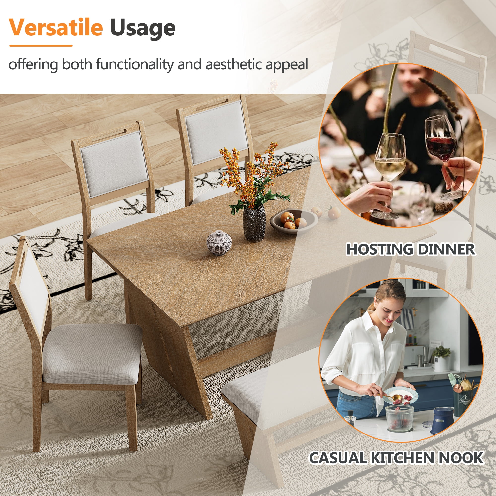 EUROCO 6-Piece Dining Table Set for 6, 59.8" Retro Rectangular Kitchen Table with 4 Upholstered Chairs & 1 Bench,Dining Set for Dining Room and Kitchen,Natural