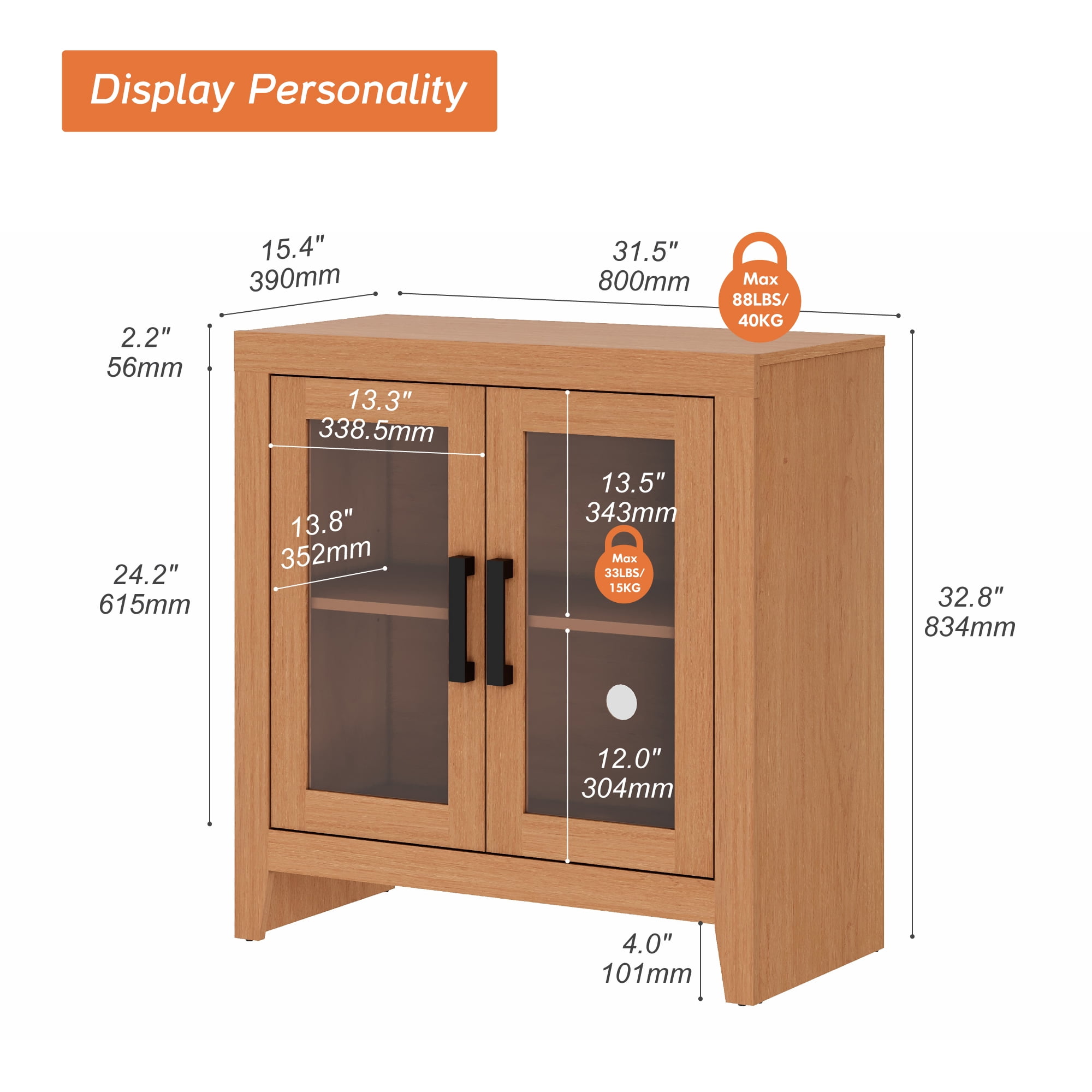 WAMPAT Modern Farmhouse TV Stand up to 40"TV, Entertainment Center with Tempered Glass Doors & Adjustable Shelves, Mocha