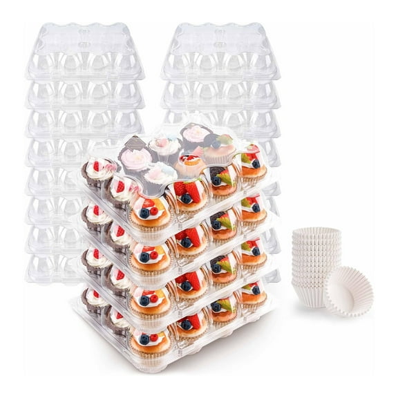 24 Count Cupcake Containers 10 Pack Cupcake Holders Plastic Stackable Cupcake Boxes with Detachable Tall Dome Lids and 240 Liners for 240 Cupcakes, BPA Free, Standard Size