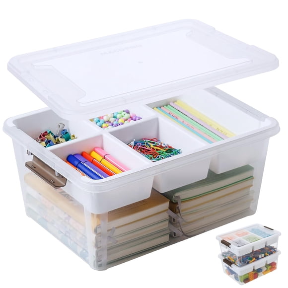 MACOPRO Caja de almacenamiento de plástico de 17 cuartos con bandeja extraíble, organizadores de manualidades y contenedor de almacenamiento transparente para organizar cuentas, herramientas, costura,