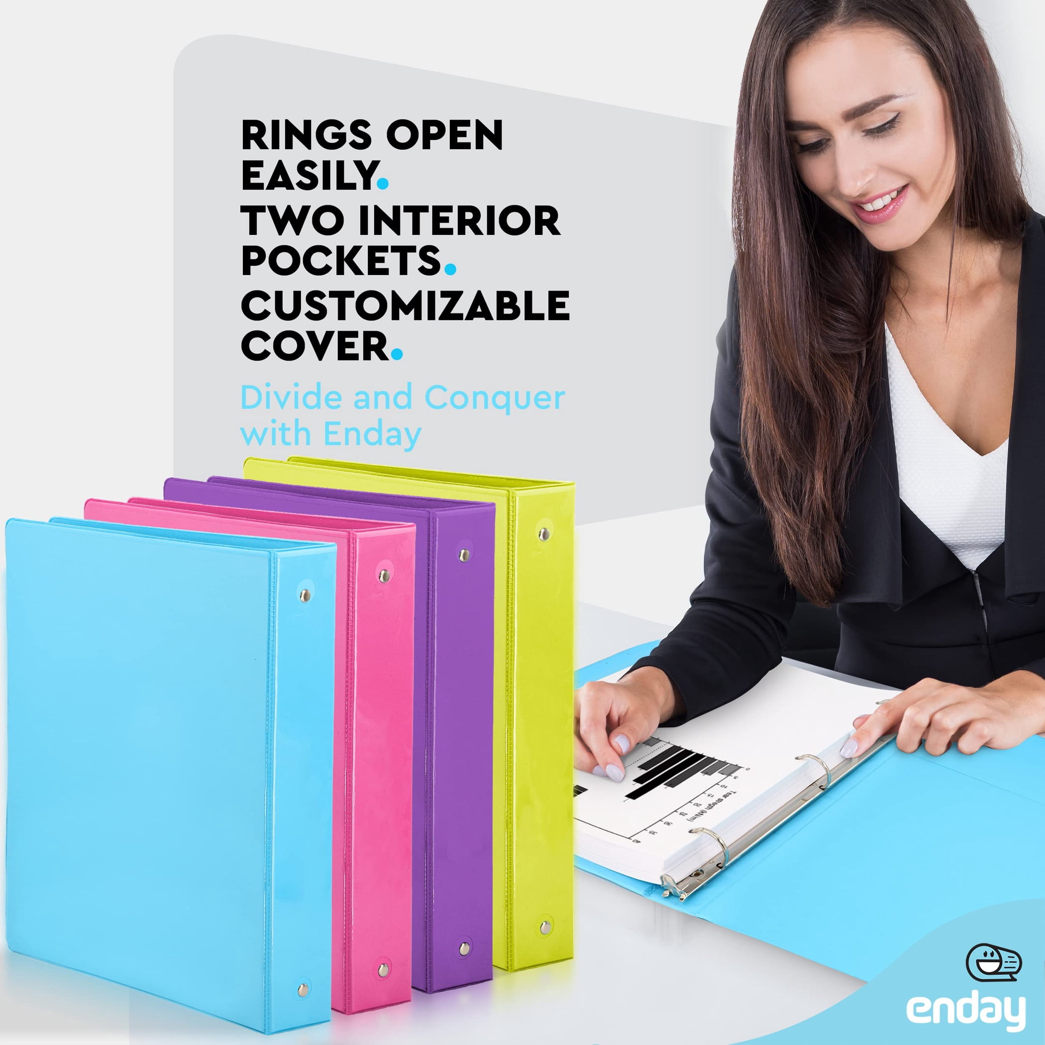 enday 3-Ring View Binder, O-Ring, Assorted Colors, 1-1/2 Inch, Pack of 4