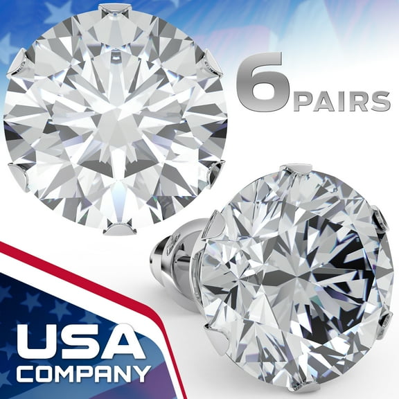 LavaPop 6 Pairs Cubic Zirconia Stud Earrings, Hypoallergenic Stainless Steel W/ Push Backs, 8-3 mm Round Unisex