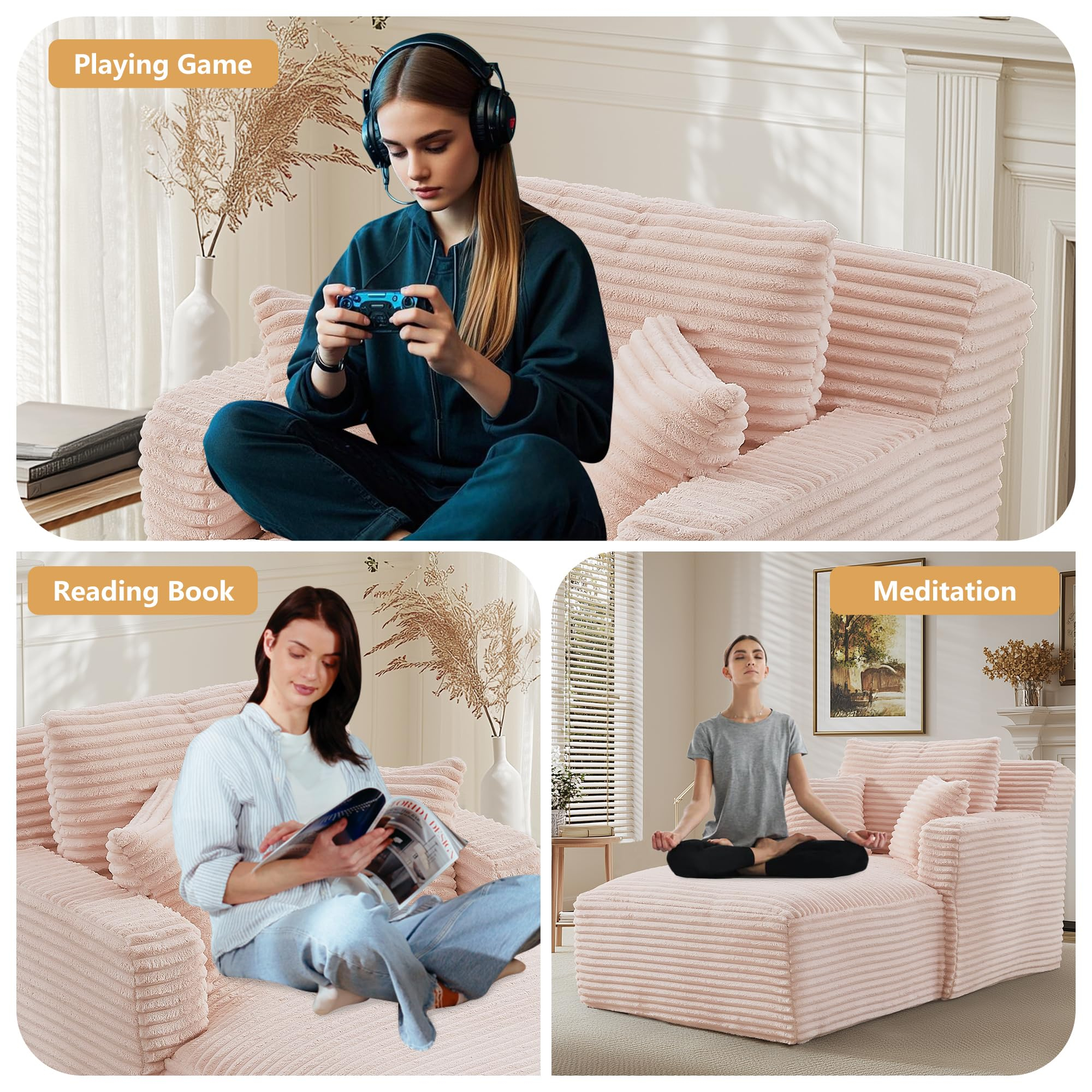 GNIXUU 65.4" Oversized Chaise Lounge Chair Indoor, Modern Corduroy Couch, Comfy Upholstered Boneless Sleeper Sofa with 3 Throw Pillows, Fluffy Reading Chairs Bed for Living Room,Pink