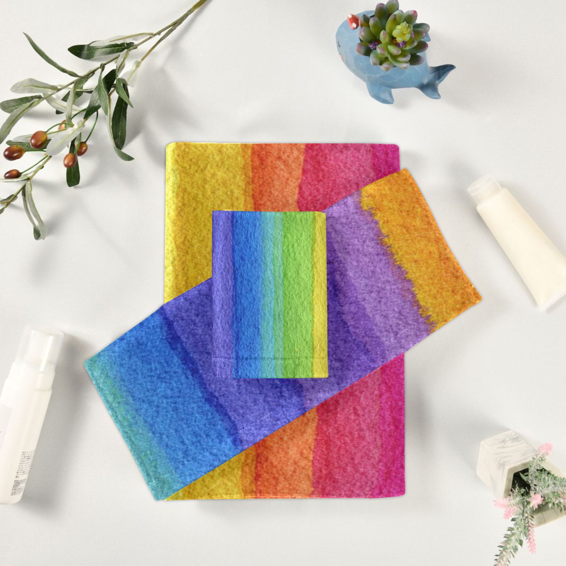 3 Piece Bath Towels Set Bath Towel, Hand Towel and Face Towel for Bathroom, Gym, Hotel Watercolor Rainbow Colors