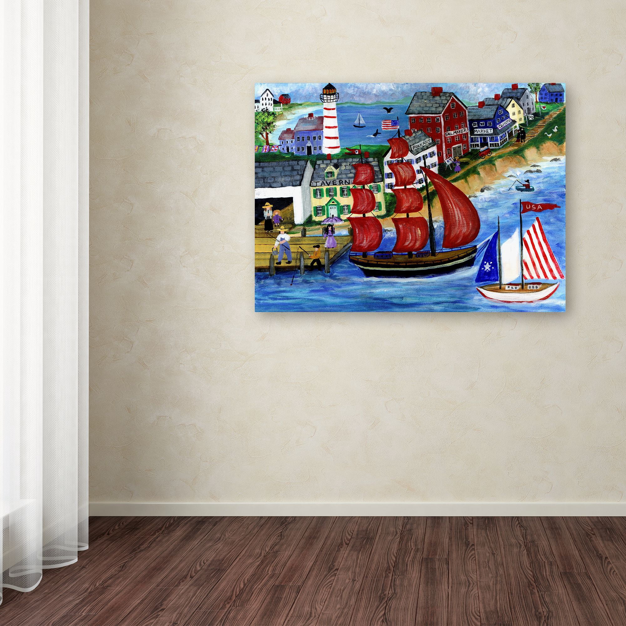 Trademark Fine Art 'Red Sails Folk Art Seaside' Canvas Art by Cheryl Bartley