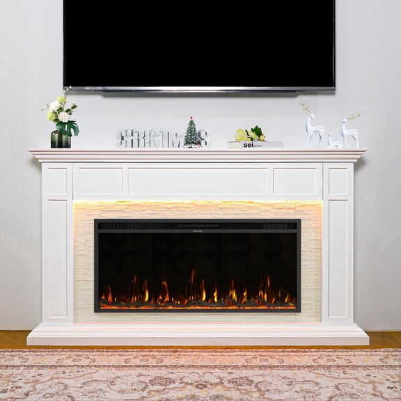 69 Inch Electric Fireplace TV Stand with Mantel, Faux Stone Media Console with 42" Heater, 15 LED Colors & 12 Flame Effects, Remote, 750/1500W, for Living Room Bedroom