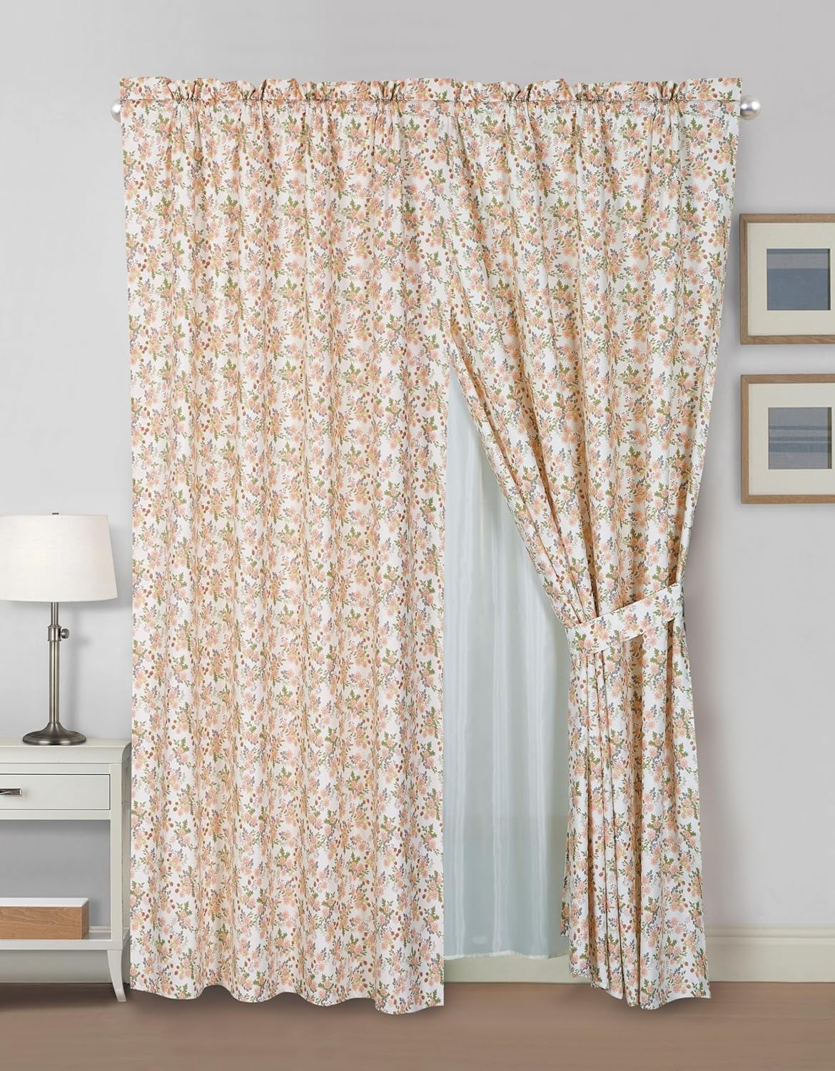 Chezmoi Collection 4-Piece Floral Window Curtain Set with Sheer Backing, Multicolor Pink Red Green Gray Floral Flowers Printed Microfiber, 120 inch x 84 inch
