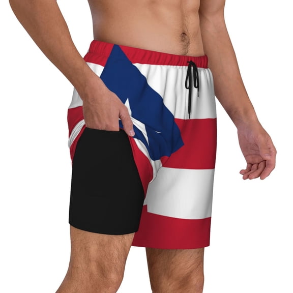 Men's 2 in 1 Swim Trunks with Compression Liner Puerto-Rico-Flag Quick Dry Beach Shorts