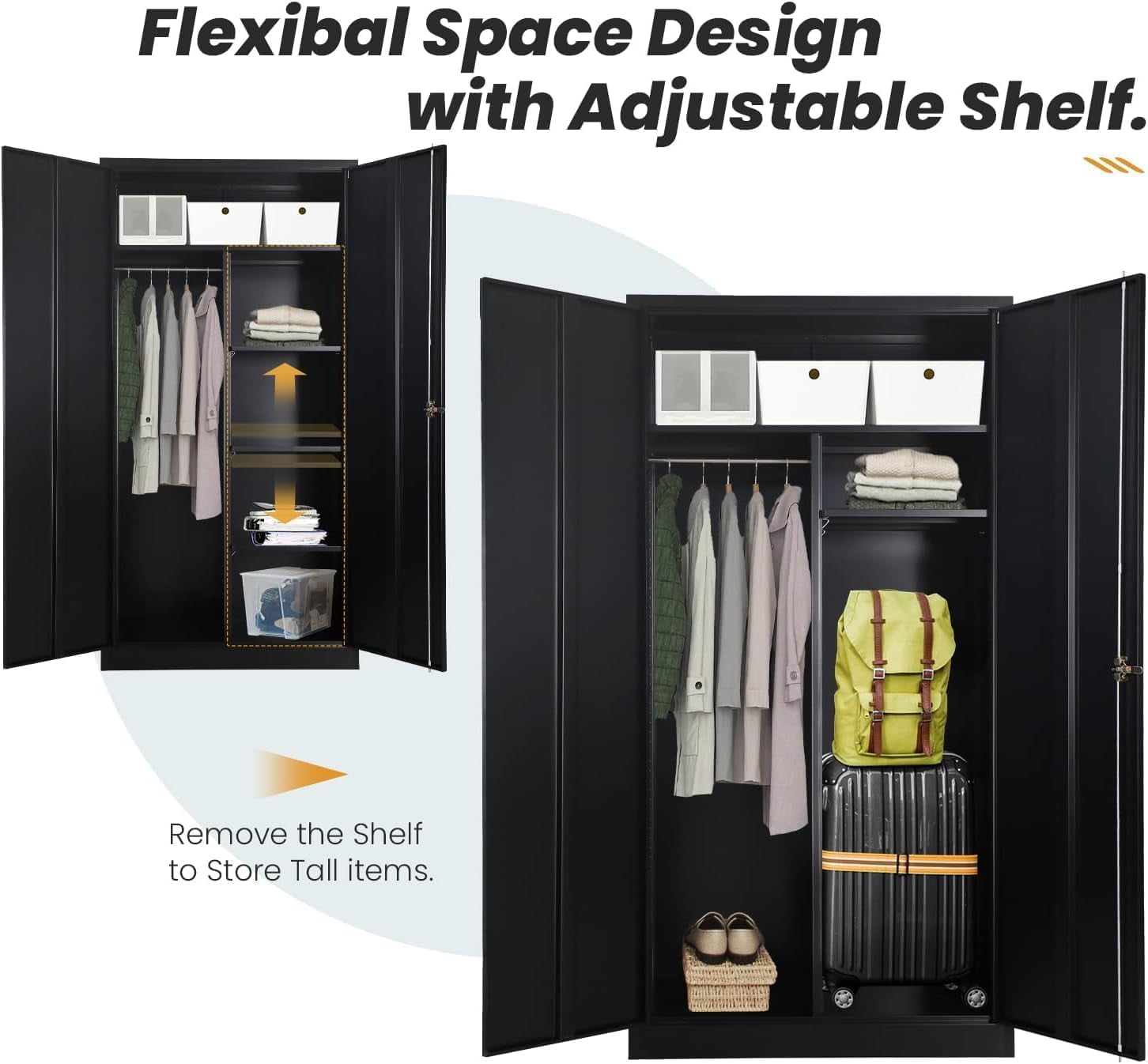 SUNCROWN Metal Wardrobe Closet with Lock, Clothing Locker, 72" H Storage Cabinets for Home Office, School, Employee, Gym, Government, Broom (Black)