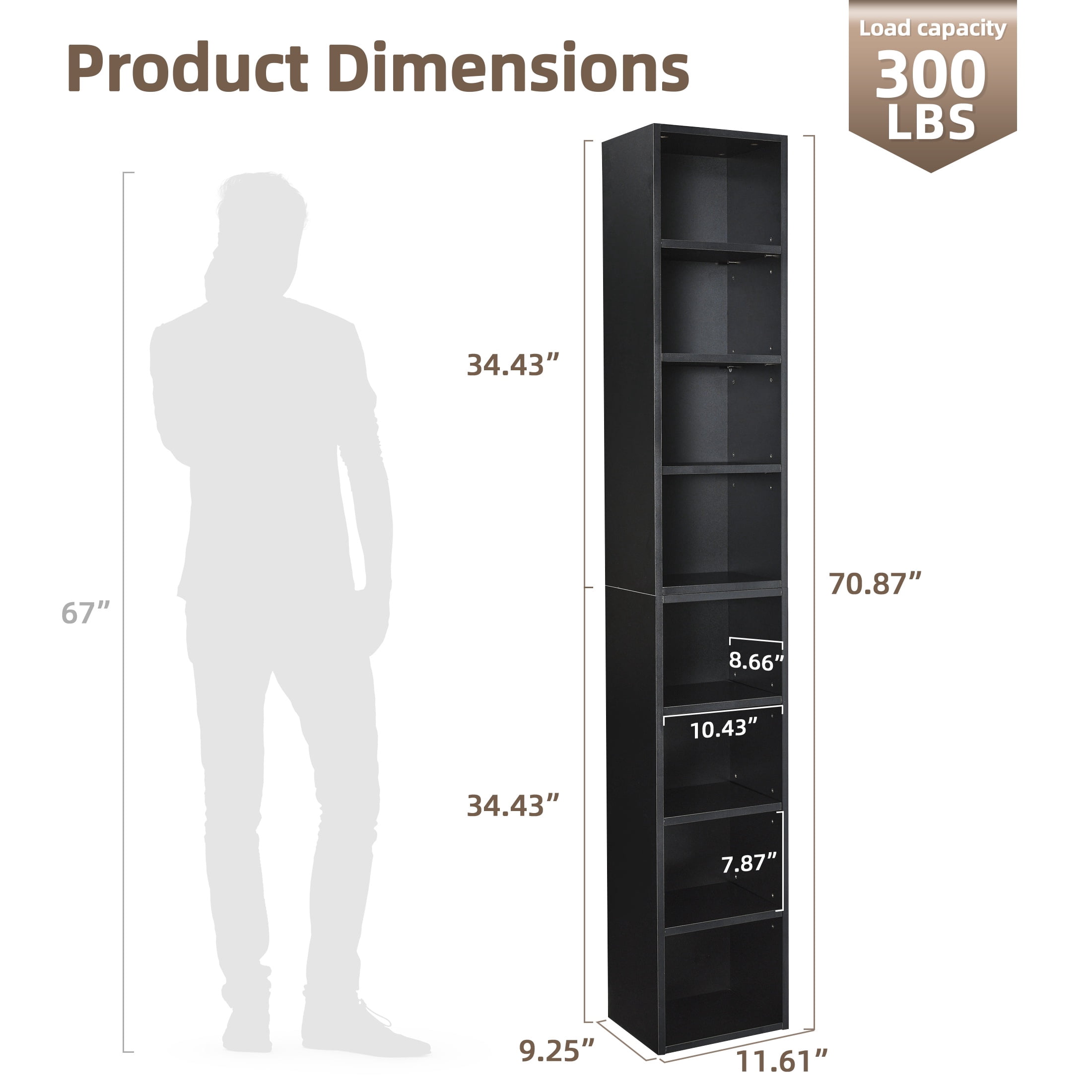 PORKISS 8-Tier Bookshelf, Wood Open Display Bookshelf with Adjustable Shelves, Tall Narrow Bookcase with Slim Storage, Modern Book Display Shelf Media Tower Rack for Living Room, Home Office, Black