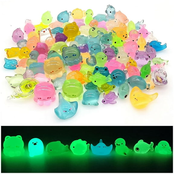 NIBERDA Luminous Ocean Mini Resin Animals Figures, 100 Pcs Glow in The Dark Tiny Plastic Animals Sea Creatures Miniature Figurines to Hide