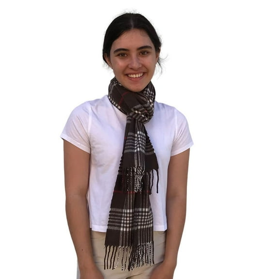 Long Preppy Style Checkerboard Plaid Print Soft Light Cotton Blend Scarf (Brown)