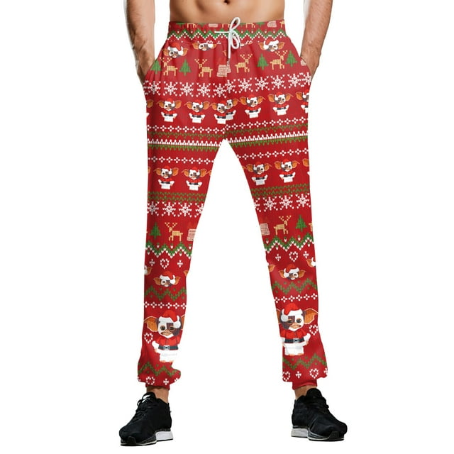 MAWCLOS Men Straight Leg Christmas Print Trousers Running High Waist Sweatpants Red White L
